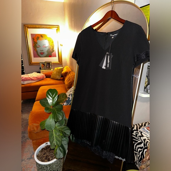 Karl Lagerfeld Flapper Style, Black Lace & Faux Leather Trim Dress SZ 10 NWT - Picture 9 of 15
